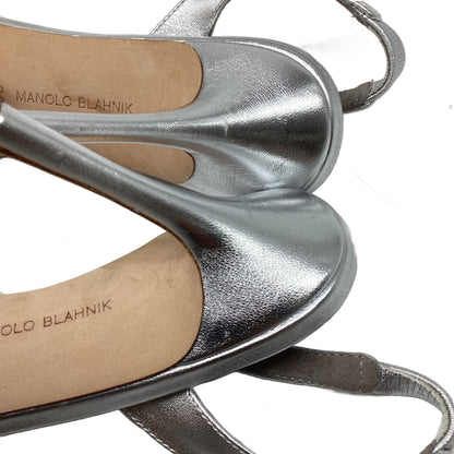 Women's Manolo Blahnik Sareta Slingback Sandal Heels in Silver Leather
