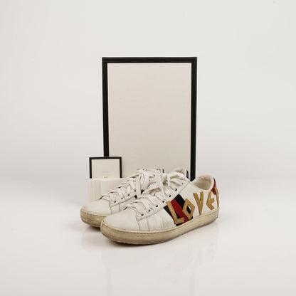 Women's Love Embroidered Ace Sneakers White Leather