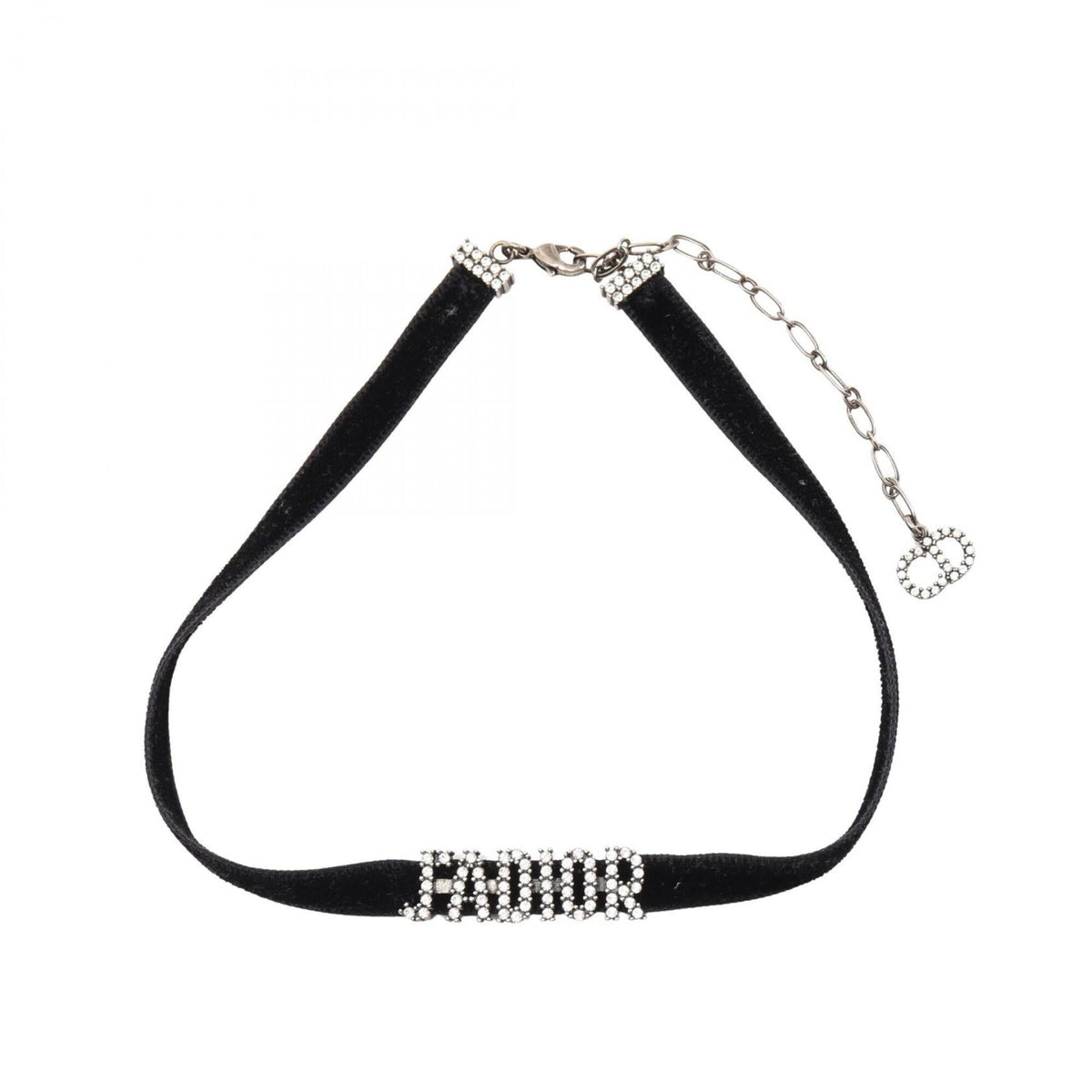 Choker Necklace Leather and Metal With Rhinestones Black Silver Clear