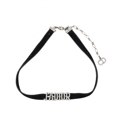 Choker Necklace Leather and Metal With Rhinestones Black Silver Clear