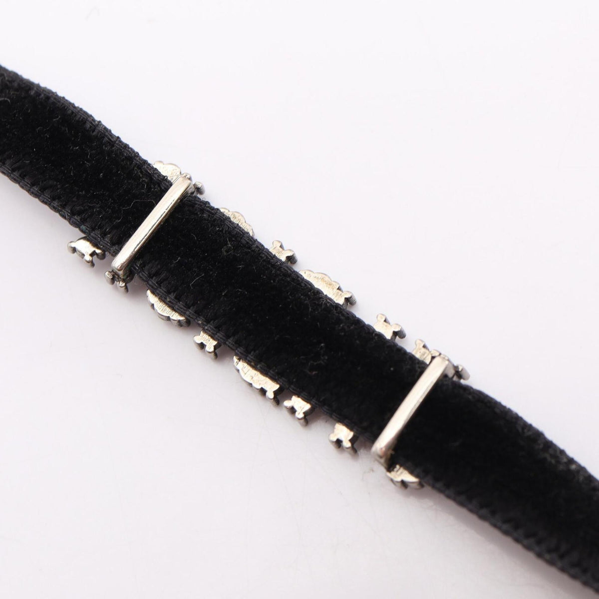 Choker Necklace Leather and Metal With Rhinestones Black Silver Clear