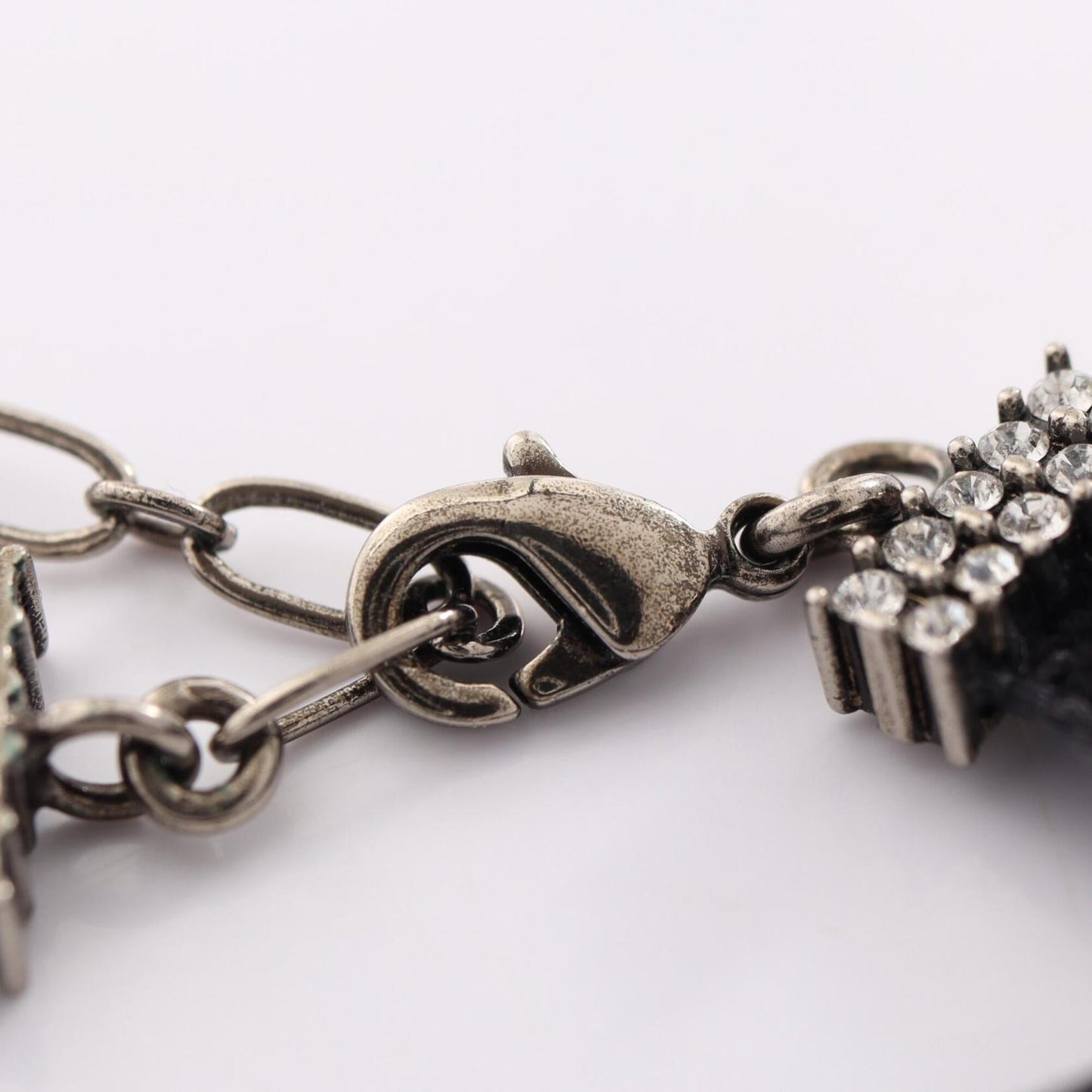Choker Necklace Leather and Metal With Rhinestones Black Silver Clear