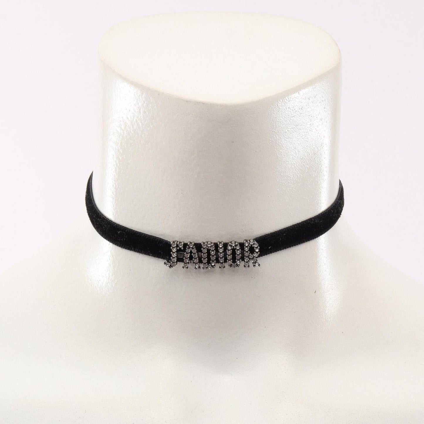 Choker Necklace Leather and Metal With Rhinestones Black Silver Clear