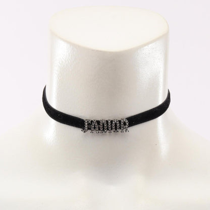 Choker Necklace Leather and Metal With Rhinestones Black Silver Clear