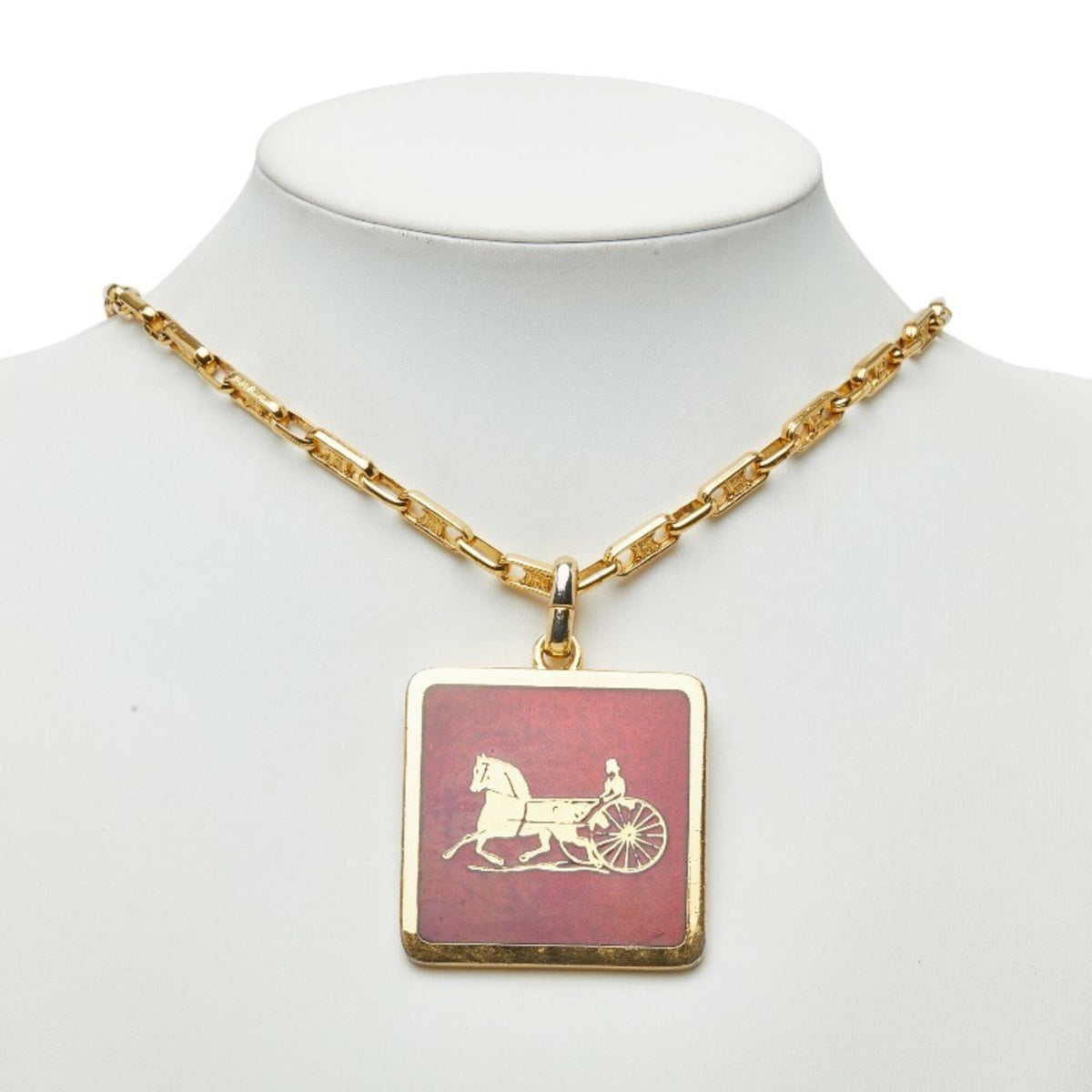 Macadam Carriage Square Plate Pendant Necklace Gold and Red