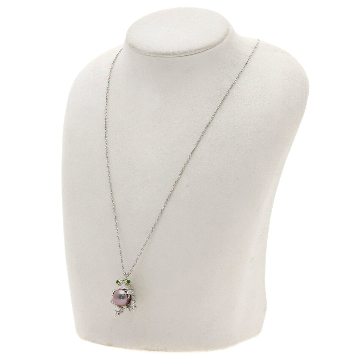 Frog Motif Pendant Necklace Platinum and 18K Yellow Gold with Pearl Diamond and Emerald