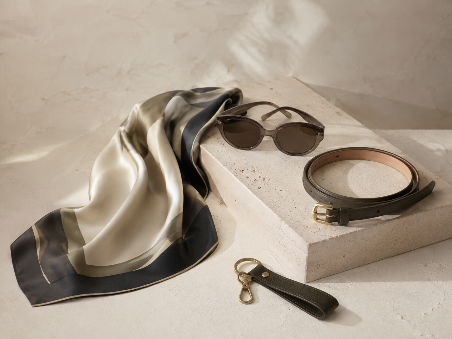 Unbranded refined fashion accessories in a warm ivory setting