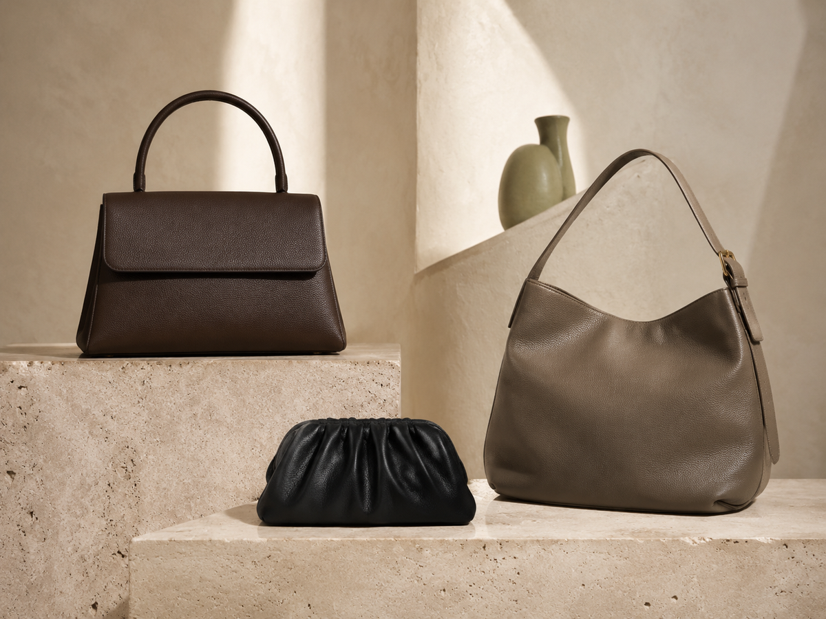 Unbranded leather bags arranged on pale stone plinths