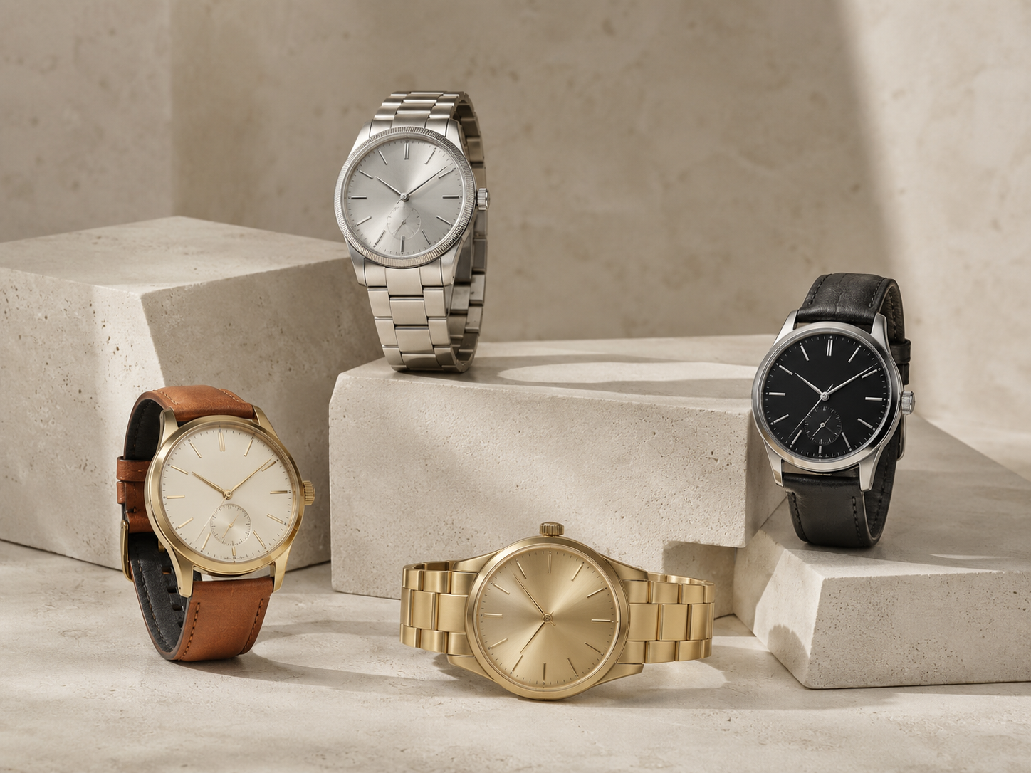 Unbranded refined wristwatches on pale limestone plinths